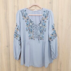 Solitaire Womens EmbroideredBlouse Size XL Purple Boho Peasant Cottage